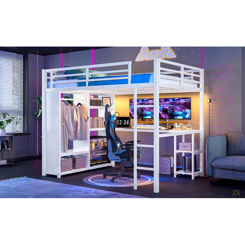 Structure de lit mezzanine grand format avec garde-robe intégrée, lit mezzanine en métal avec bureau et tablettes de rangement