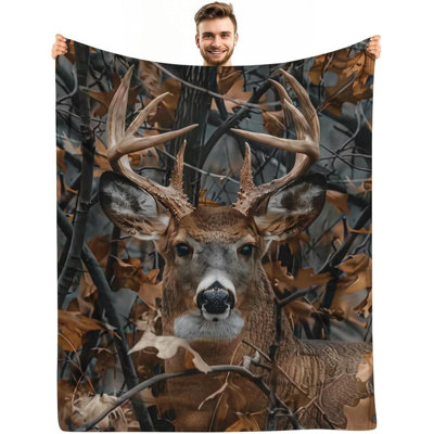 KOYI Camo Gifts for Men - Realistic Deer Camo Blanket, 50"x60" Soft Plush Throw for Sofa, Couch, Bed add  Same printed canvas bag