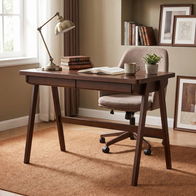 Solid Rubber Wood Computer Desk with Drawer, Walnut Writing Desk with A-Frame Legs for Home Office & Study