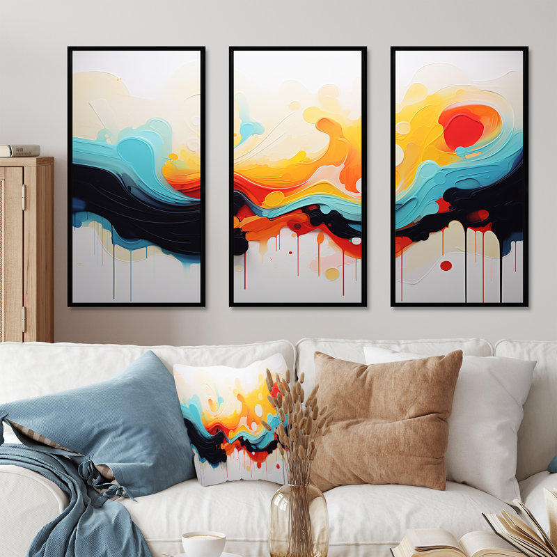 «Yellow Fractal Paint Wave Expression 3», art mural abstrait, H 28 po x l 36 po x P 1 po, Cadre flottant noir