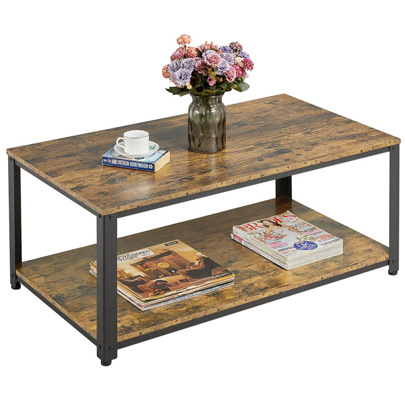Lemmon Industrial Wood Coffee Table with Open Storage Shelf for Living Room, Rustic Brown