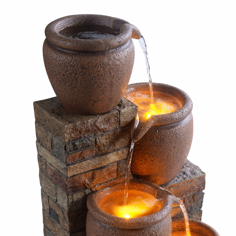 Jalijah 30.71" 4-Tier Solar Water Fountain with LED Lights, Brown