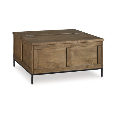 Tory Coffee Table, 36 Inch Square Brown Lift Top, Black Steel Legs