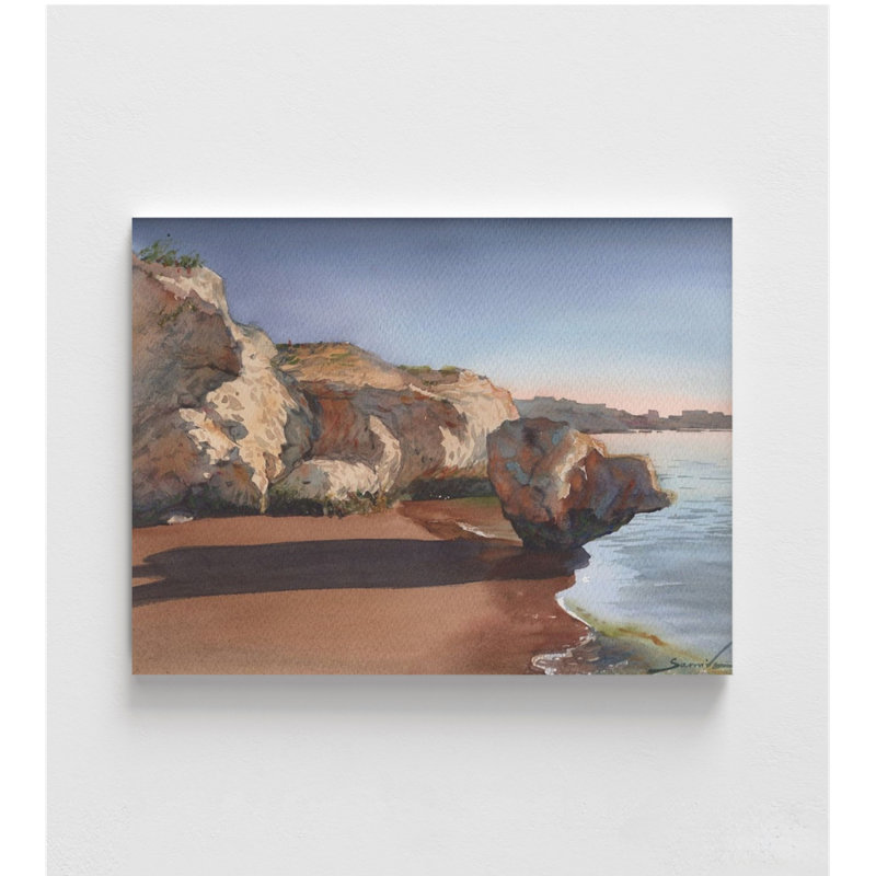 Paysage ensoleillé par Samira Yanushkova, reproduction de peinture aquarelle bord de mer, décor de salon paysage rocheux, petite décoration murale de bureau personnel
