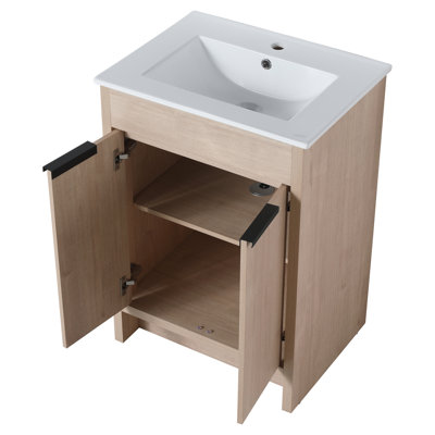 24" Bathroom Freestanding Cabinet Vanity, Soft-Close Doors, Oak Finish, Plywood, Adjustable Shelves For Stunning Storage Oak, Captivating