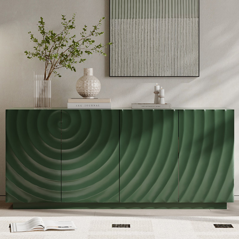 Buffet 59 po avec 4 portes, texture ondulée 3D, rangement autoportant pour la salle à manger et le salon, Vert