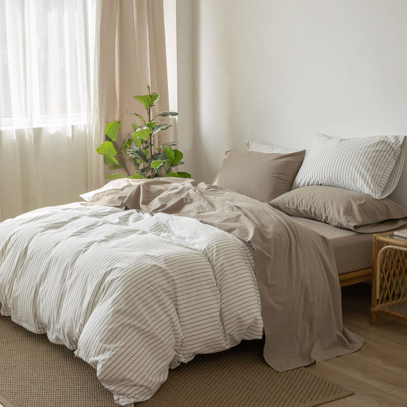 100% Washed Cotton Sheet Set Extra Deep Pocket Linen Like Textured, King Sheet Set with 2 Pillowcases, Mocha Brown