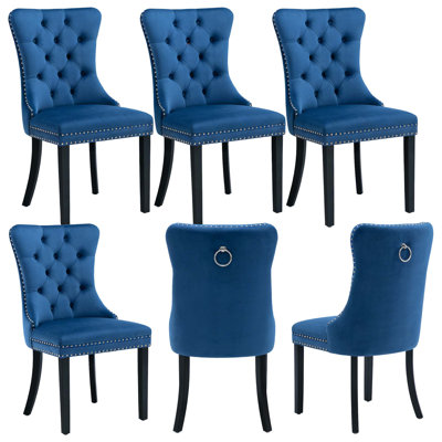 6-Piece Velvet Dining Chair Set, With Pull Ring & Nailhead Trim, For Kitchen & Dining Room, Blue