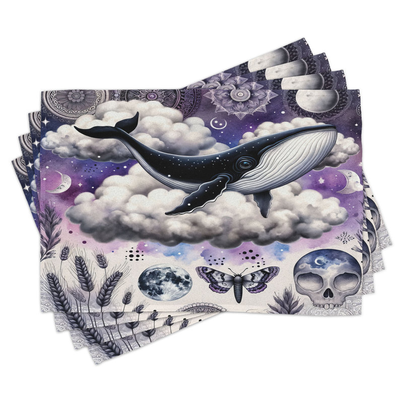 Lavender Dark Indigo Whale and Skull Polyester Placemats Set of 4