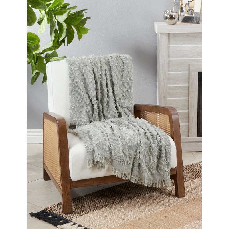 Blue & Grey Cotton Fringe Waffle Weave Throw Blanket
