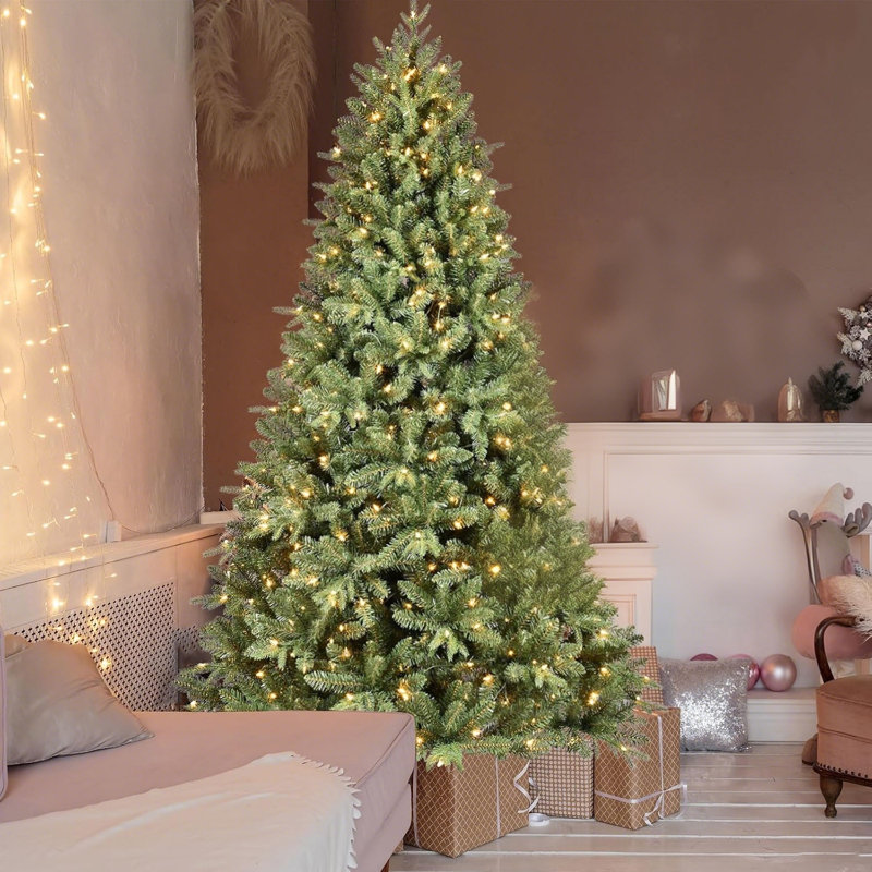 Arbre de Noël 7 pi en PVC pré-éclairé avec 400 lumières, 1072 pointes, fil de mémoire à dépliage automatique, assemblage facile avec support en métal stable