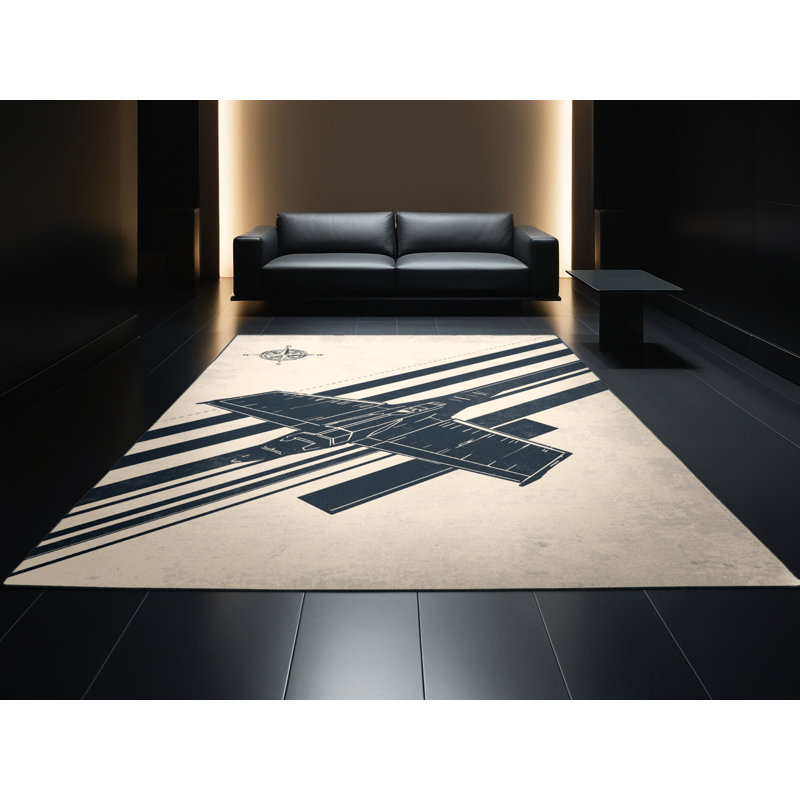 Machine Washable Vehicles And Transportation Starfighter Craft Nautical Striped Rug in Beige – Black Binding, 6x9