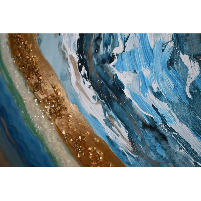 «Silence Geode», peinture sur toile abstraite encadrée or bleu 61 po x 41 po