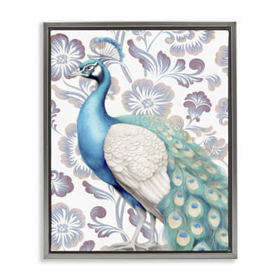 Peacock on Floral Pattern Gold Framed Floater Canvas Wall Art by Kim Allen