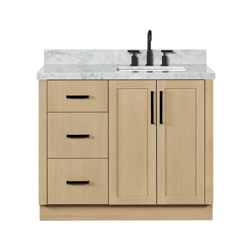   Meuble-lavabo rectangulaire simple décalé droit 43 po avec comptoir en marbre blanc de Carrare Breana, Rectangulaire
