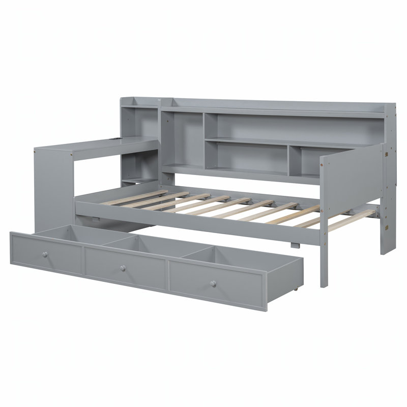 Twin Size Wooden Daybed with 3 Drawers, Integrated Desk, and USB Ports for Multifunctional Use and Space Efficiency, Gray
