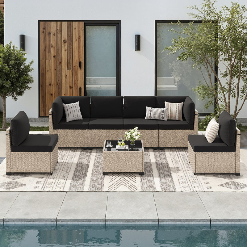 Ensemble de conversation modulaire en osier pour 6 personnes avec coussins, Beige, Brun