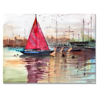Un voilier dans une marina avec des bateaux et des bâtiments - reproduction sur toile