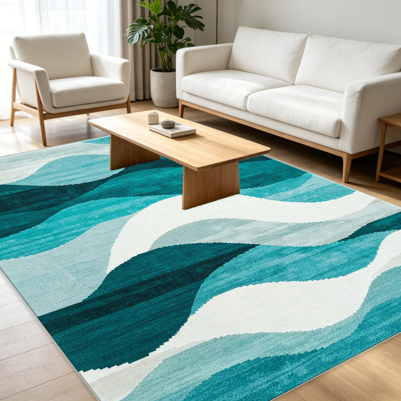 Teal White Wave Abstract carpet-easy to clean, machine-washable, soft and comfortable; suitable for door mats, kitchens, living rooms, bedrooms, corridors, and laundry areas. Easy to clean, durable carpet for home decoration.