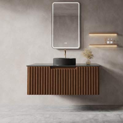 Modern 36 Inch Floating Bathroom Vanity Set, Walnut Vertical Fluted Wall Mount Cabinet, Stain-Proof Sintered Stone Countertop & Round Ribbed Vessel Sink, Soft Close Compartment Drawers
