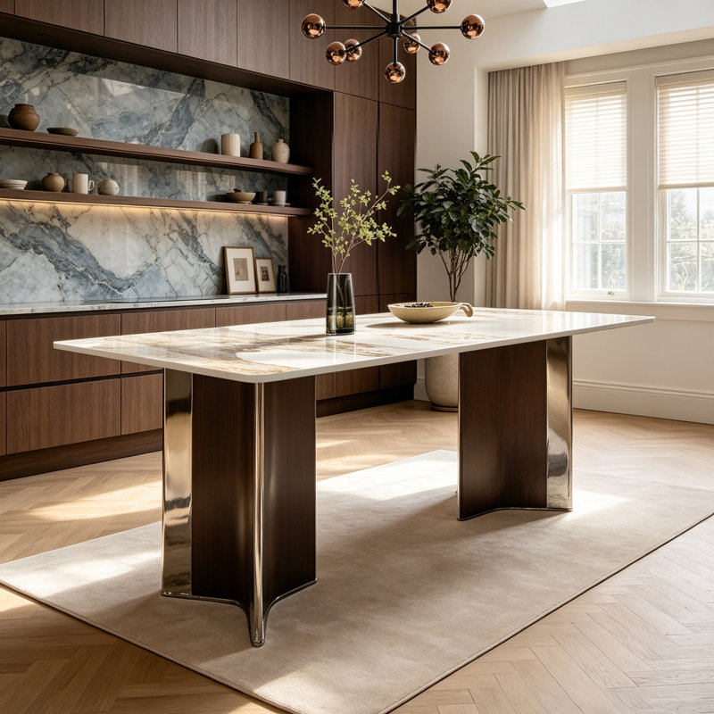 Table de salle à manger moderne en pierre frittée rectangulaire avec pieds en forme de L, pouvant accueillir 6 à 8 personnes