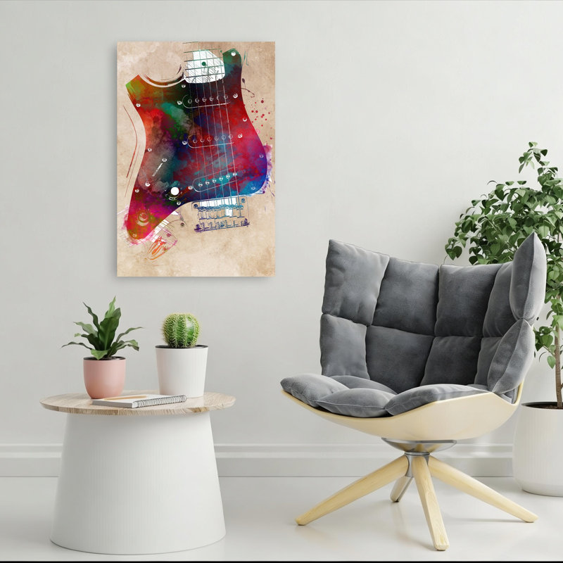 Aquarelle, guitare électrique abstraite, art mural contemporain, 36" H x 24" W