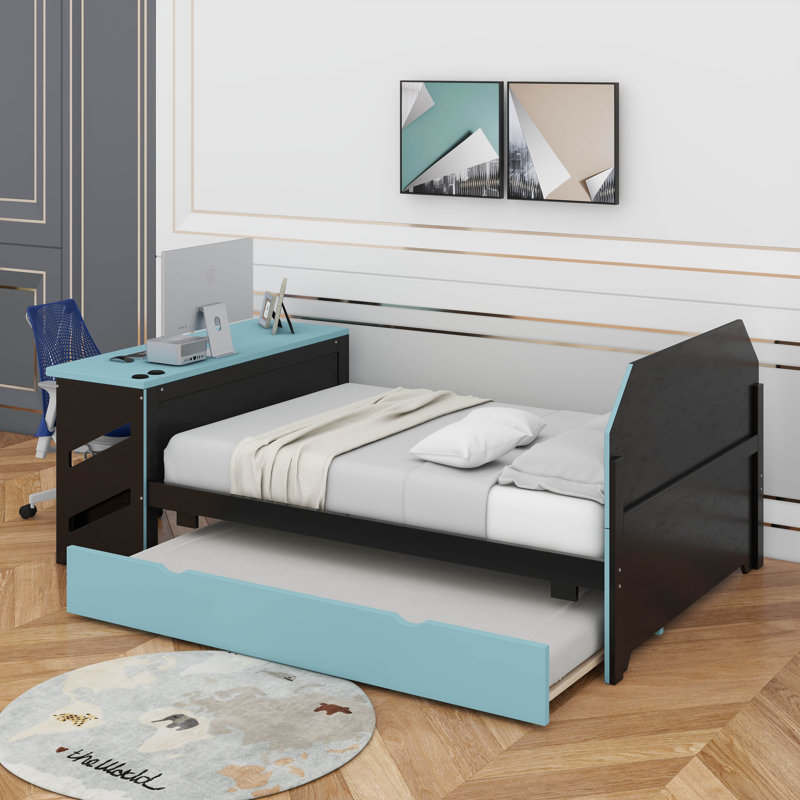 Lit de jour double en bois avec couchette, bureau et port USB, Bleu nuage
