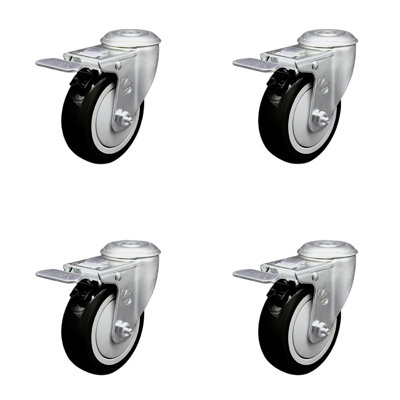 4 Inch SS Polyurethane Swivel Bolt Hole Caster Set with Total Lock Brake