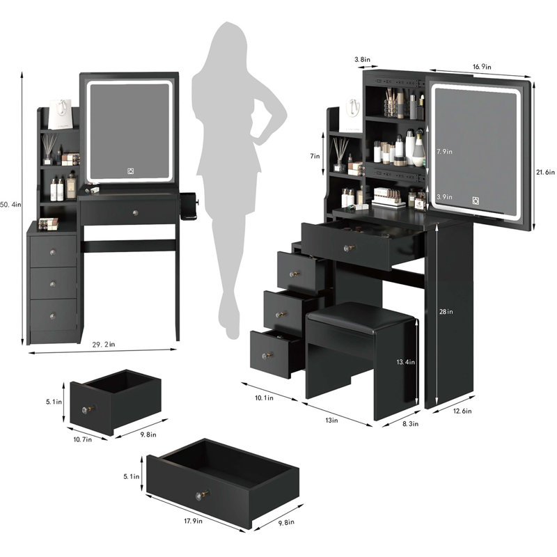 Table de chevet avec armoire de chevet, Noir 2