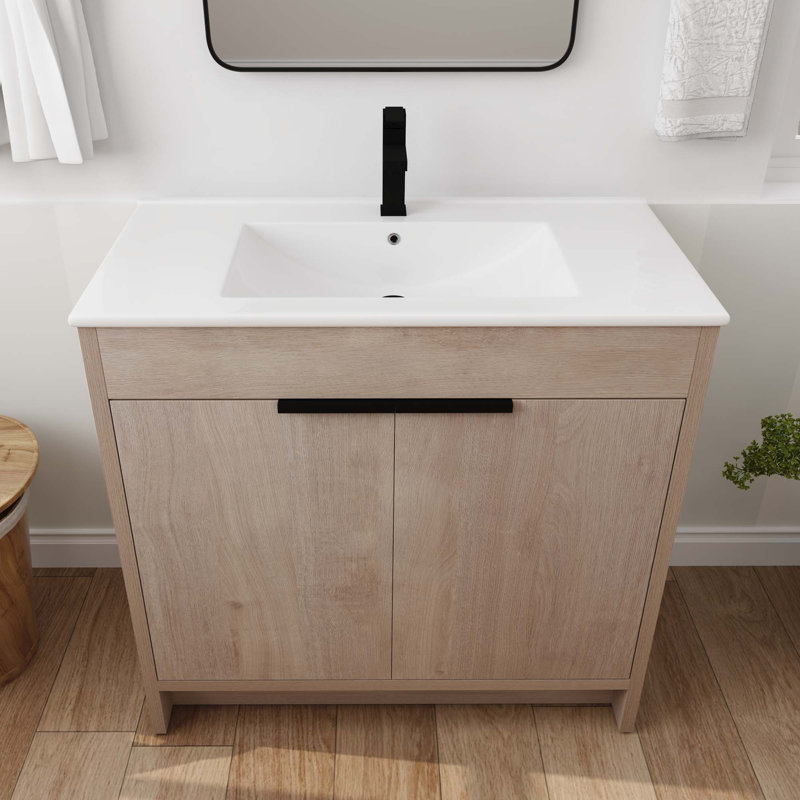 Meuble-lavabo autoportant avec lavabo en céramique, Chêne clair uni