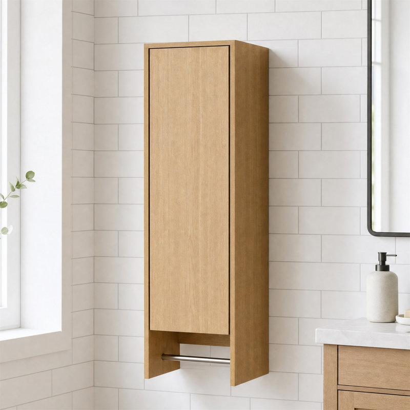 12" Wall Mounted Bathroom Cabinet with Towel Bar, Soft Close, Hidden Storage, Natural