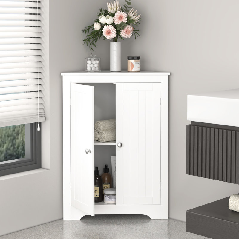 Corner Cabinet In White With Adjustable Shelf And 2 Doors - Freestanding For Bathroom, Kitchen, Living Room Chic Look Storage Shelves For Attractive Organization Idea
