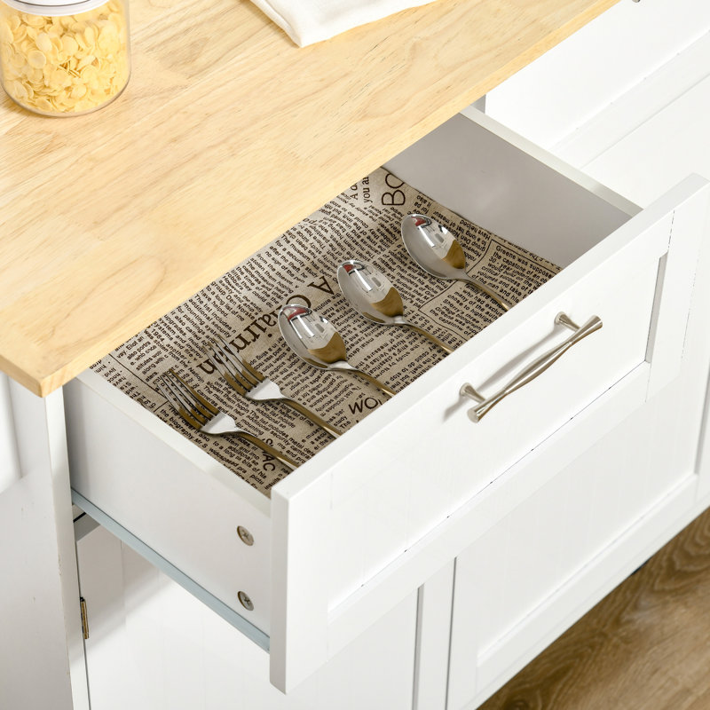 41 Inch Modern Rolling Kitchen Island with Rubberwood Top, Drawers, and White Finish for Enhanced Functionality