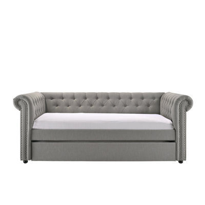 Luxurious 1Pc Modern Aesthetic Beautifully Button Tufted Nailhead Trim Design Daybed Built-In Pull-Out Trundle Bed Living Space Guest Room Bedroom