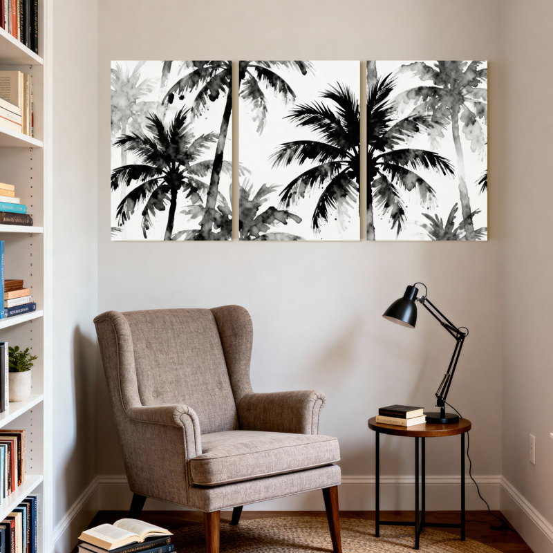Palmiers en noir et blanc, ensemble de 3 impressions sur toile, H 36 po x l 72 po