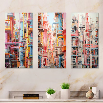 Abstract Factory Colorful Minimalism - Factories Metal Wall Art Prints Set Of 3