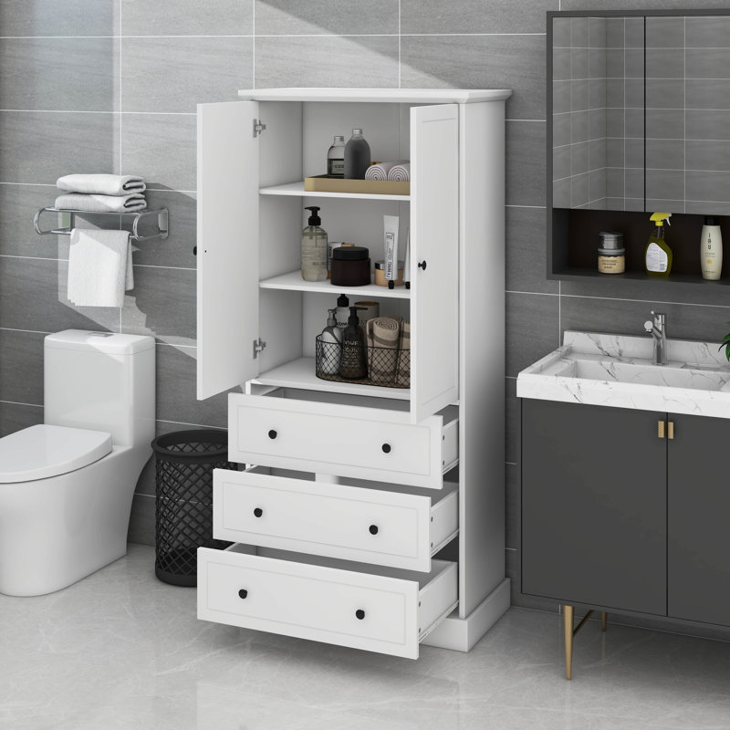 Armoire de rangement autoportante avec portes et 3 grands tiroirs, tablettes réglables