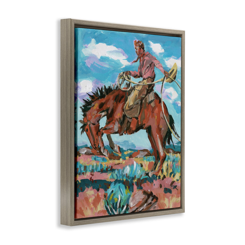 «Lassoing Cowboy Scene», art mural encadré par John Dixon, Cadre flottant orme Montalcino, H 21 po x l 17 po