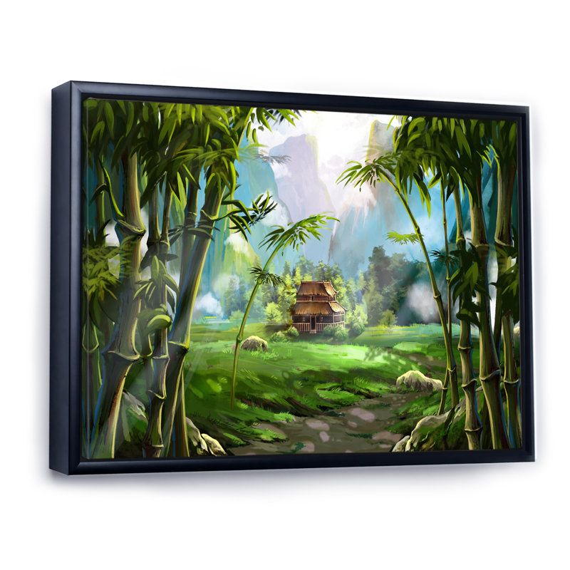 «The House In Bamboo Forest», reproduction sur toile, H 12 po x l 20 po, Cadre flottant noir