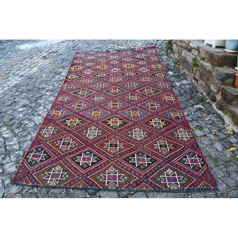 Tapis kilim turc rétro tissé à la main avec motif d'étoiles géométriques rouges pour le salon / rouge / arc-en-ciel