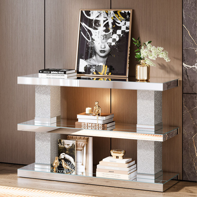 46" Mirrored Console Table 3-Tier Storage Shelf, Silver