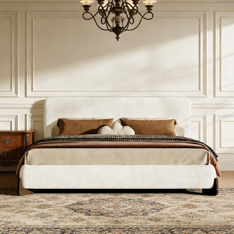 Structure de lit tapissier en tissu éponge très grand avec pieds en bois massif brun foncé, centre de chambre de luxe élégant, lit de rembourrage doux et confortable pour la chambre à coucher