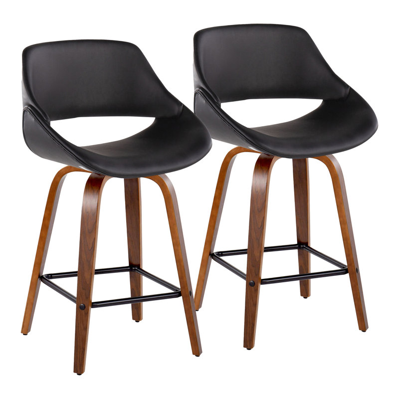 Najrin Fixed-Height Faux Leather Bar & Counter Stool with Bent Wood Legs & Square Footrest (Set of 2), Black