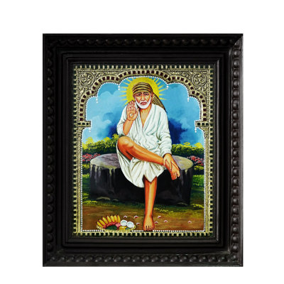 Tanjore Painting Of Lord Sai Baba Seated On Log | Traditional Color With 24 Karat Gold | With Frame
