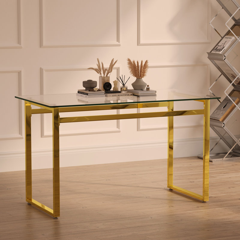 51" Modern Minimalist Rectangular Glass Dining Table for 4-6 with 0.31" Tempered Glass Tabletop and Golden Chrome Metal Legs
