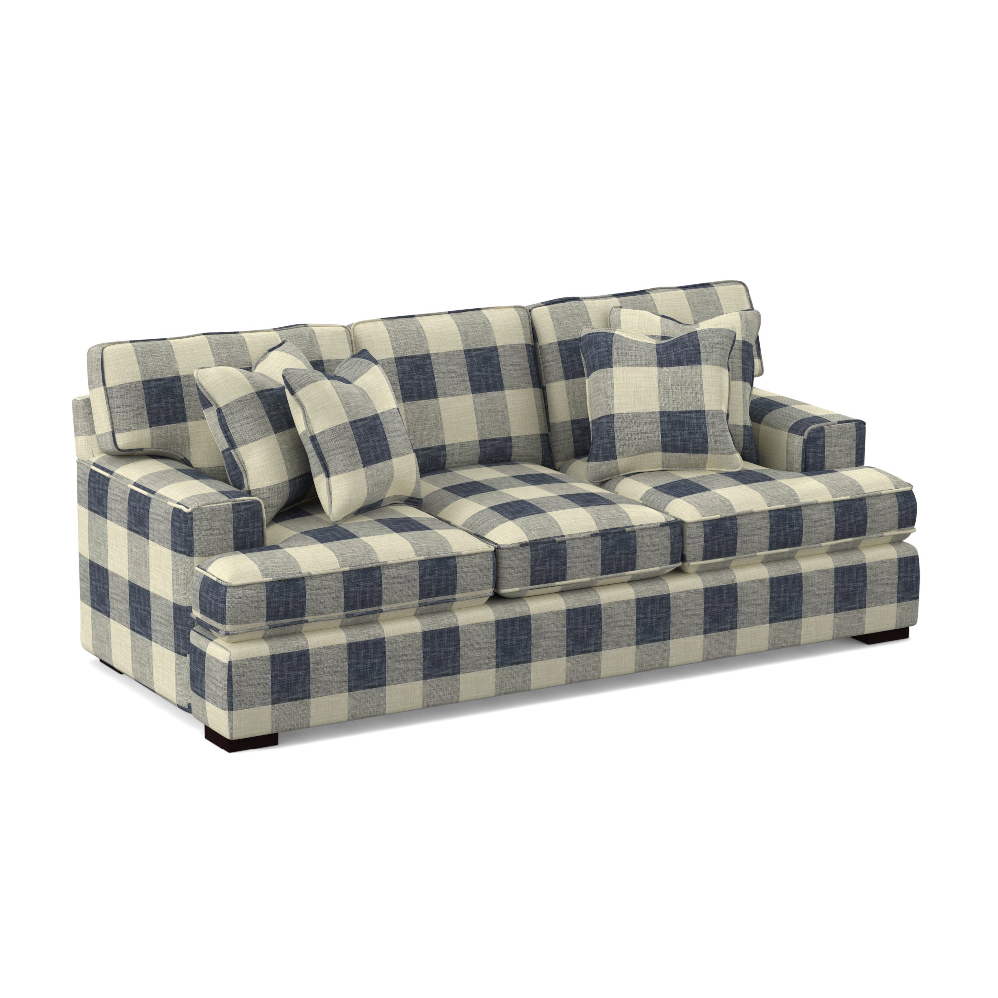 Sadie 97'' Recessed Arm Sofa with Reversible Cushions, Java Finish, Blue Buffalo Check; 0120-61