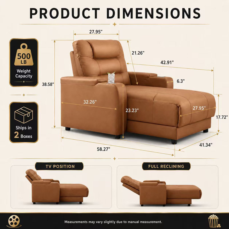 Oversized Power Recliner Chair With Wireless Charging and Cup Holder, Faux Leather Home Theater Seating(Brown,Set Of 1)