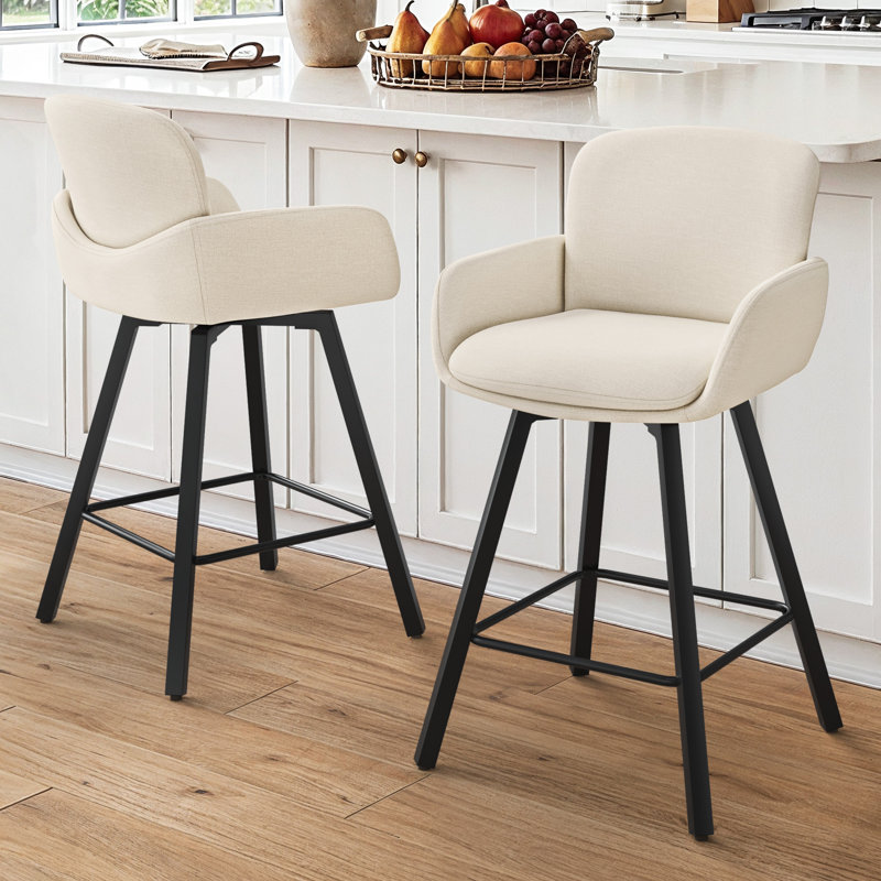 Nicola Swivel Upholstered Bar Stool with Metal Frame, Light Linen
