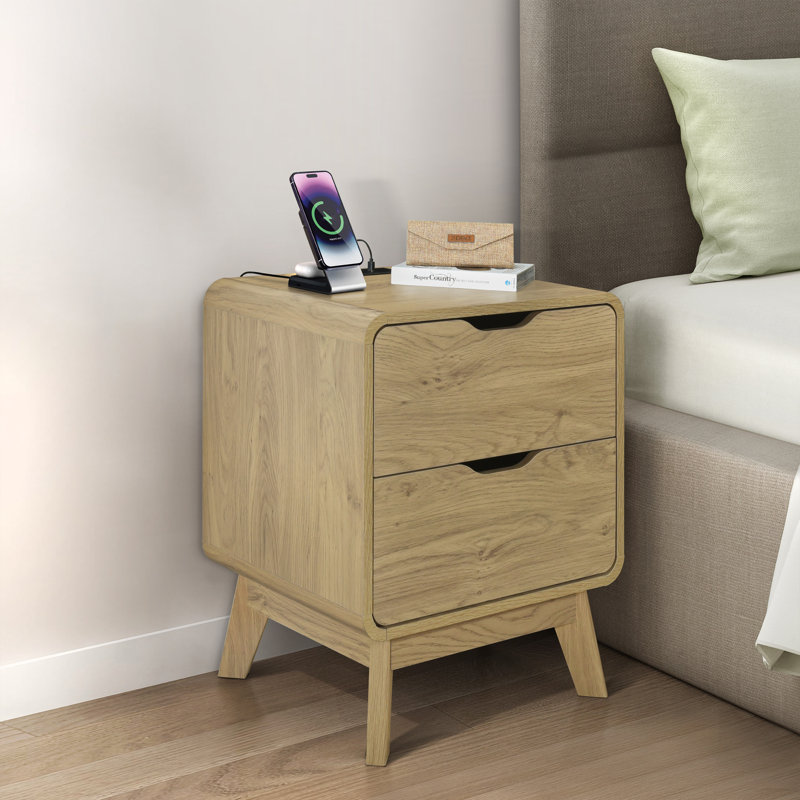 Meadow 2 Drawer Set Of 2 Nightstands With Charging Station, 2 Drawer Bedside Tables, Night Stands For Bedroom, End Table Or Side Table For Living Room, 15.7" X 18.9" X 23.6", Oak