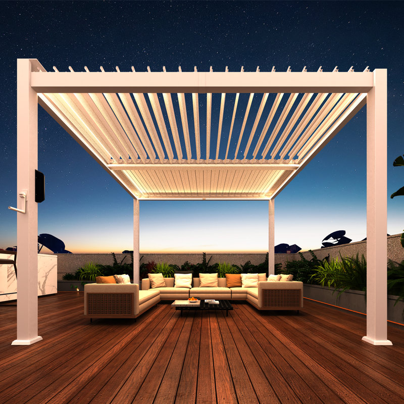 10' X 10' Outdoor Louvered Pergola With 3-Level LED Lights, Adjustable Aluminum Roof, Side Crank Control, Hardtop Gazebo For Patio, Deck, Backyard